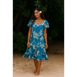 Royal Creations Muumuu Hawaiian Dress‎ Blue Floral Womens Size S Short Sleeve